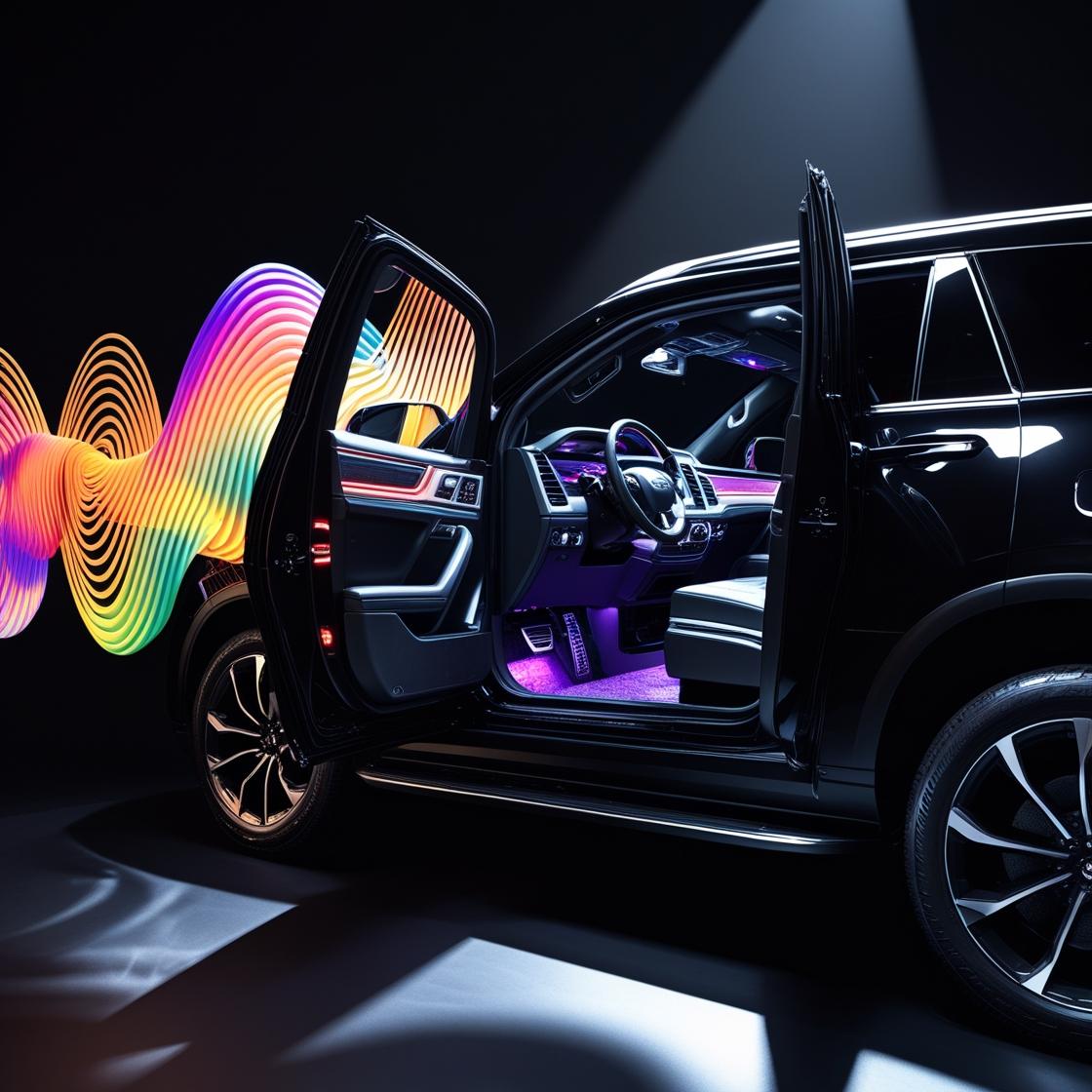 Home 12 Dark background with spotlight on black SUV with doors open colorful sound 20250807 132711 0000
