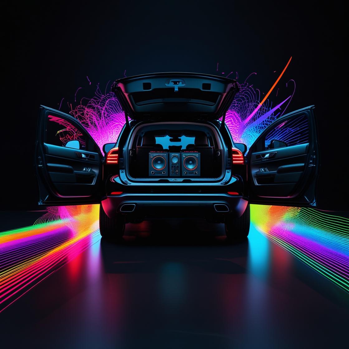 Dark background with spotlight on black SUV with doors open colorful sound 20250807 132717 0000
