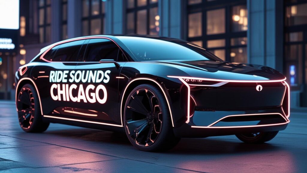Futuristic Black SUV with glow and big sign that says Ride Sounds Chicago 20250812 193119 0000